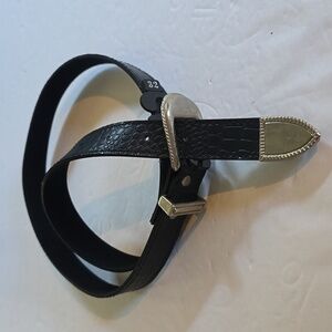 Womens Vintage Black velvet back leather belt Silver tip and buckle Sz.M/L